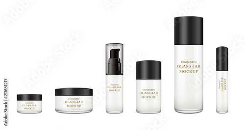 Realistic white glass jar with plastic lid for cosmetics - body cream, butter, scrub, foundation cream, gel, skin care, powder. Premium product. Package template. Vector mock up set.