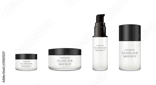 Realistic white glass jar with plastic lid for cosmetics - body cream, butter, scrub, foundation cream, gel, skin care, powder. Premium product. Package template. Vector mock up set.