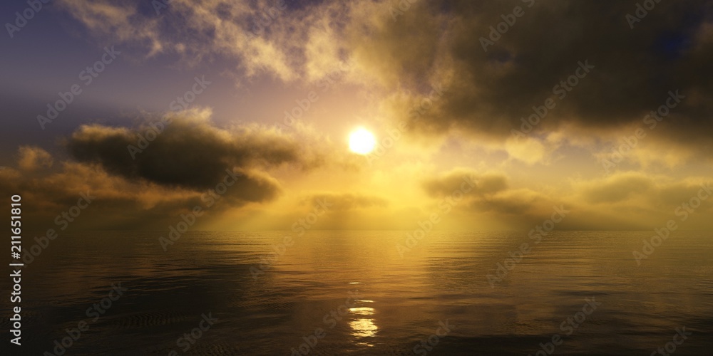 Obraz premium Panorama of sea sunset, ocean sunrise, seascape, 3d rendering 