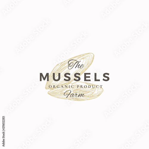The Mussels Farm Abstract Vector Sign, Symbol or Logo Template. Elegant Opened Mussel Drawing Sketch with Classy Retro Typography. Vintage Luxury Emblem.