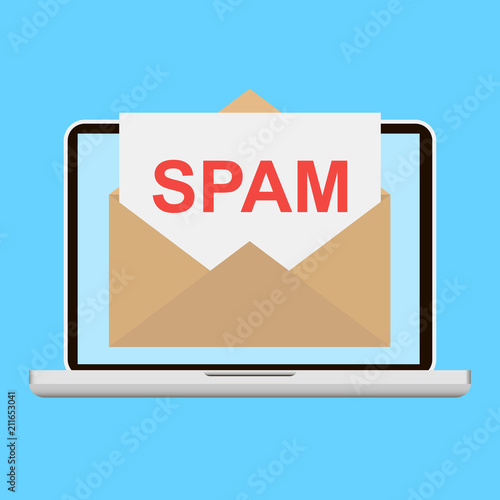 Spam email warning window appear on laptop screen. Concept of virus, piracy, hacking and security. Envelope with spam. Website banner of e-mail protection, anti-malware software. Vector illustration