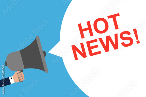 Hand Holding Megaphone With Speech Bubble HOT NEWS. Announcement. Vector illustration