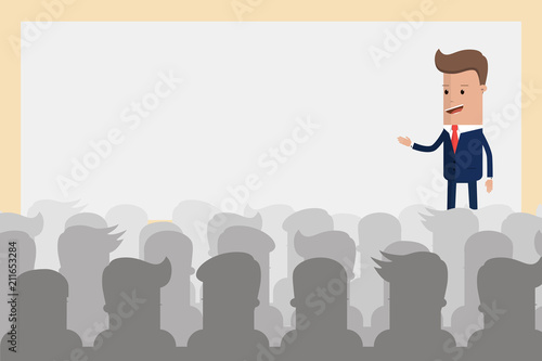 Businessman giving a presentation on big screen. Lecturer holds a seminar Audience, seminar, conference theme. Vector illustration