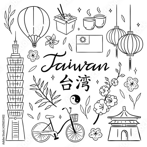 Taiwan hand drawn outline illustrations. Vector China travel symbols and clipart