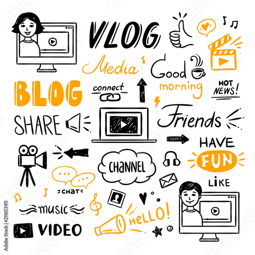 Blogger set illustrations. Hand drawn blogger icons and symbols. Web and mobile concept cute drawings