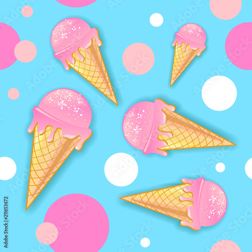 Seamless summer pattern with ice cream on blue background