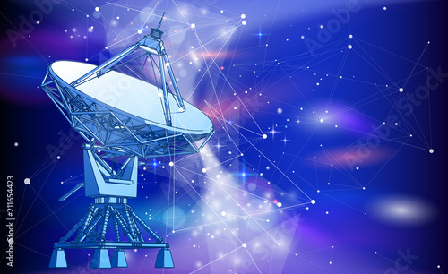 Satellite Dishes Antenna - doppler radar, digital wave and blue technology background - abstract illustration of science, astronomy, information technology, network solutions and digital technologies