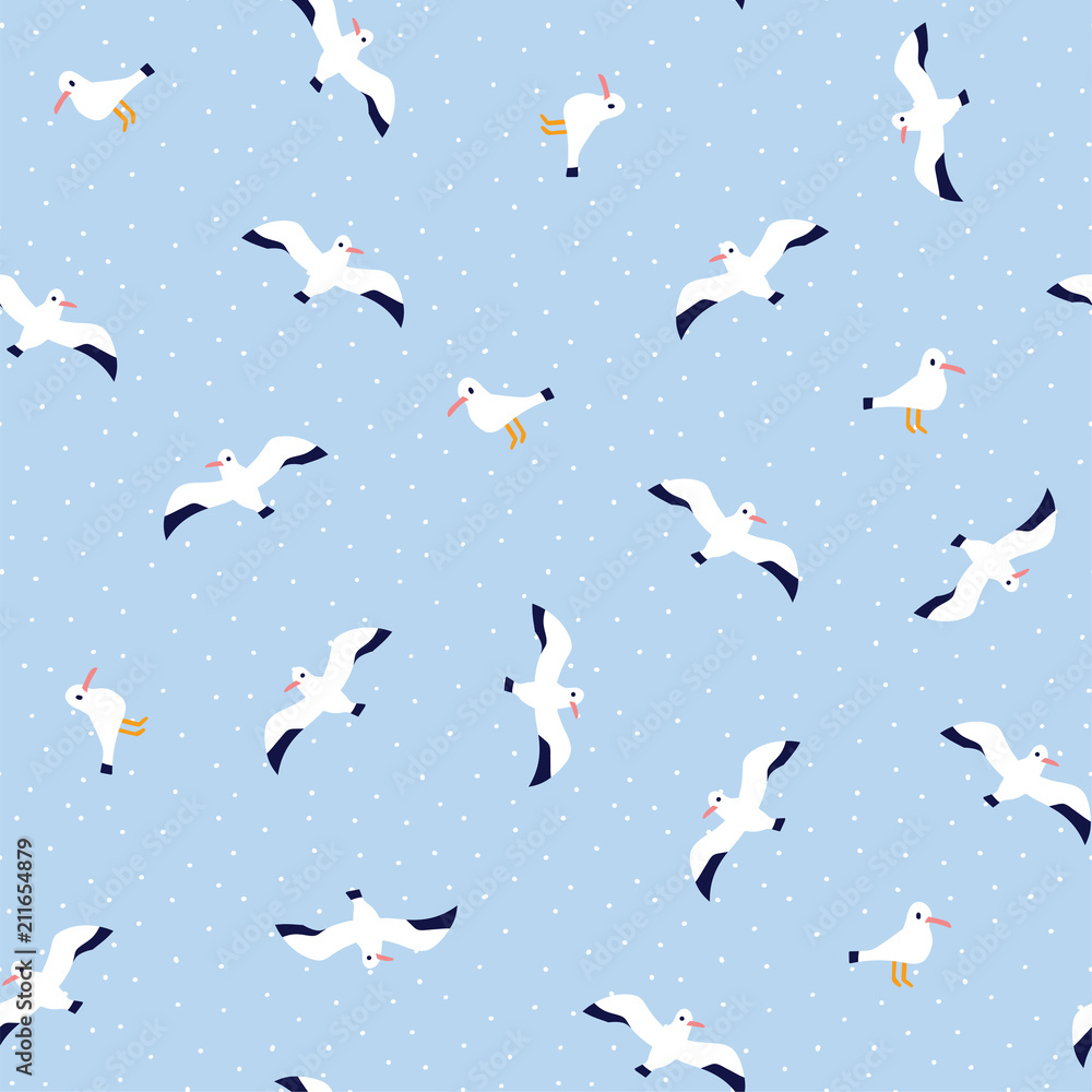 Fototapeta premium Seamless pattern of nautical birds - marine seagulls. Hand drawn vector sea illustration.