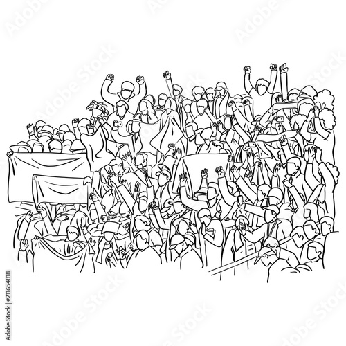 Group of fans cheer for their soccer team victory on a stadium bleachers vector illustration sketch doodle hand drawn with black lines isolated on white background