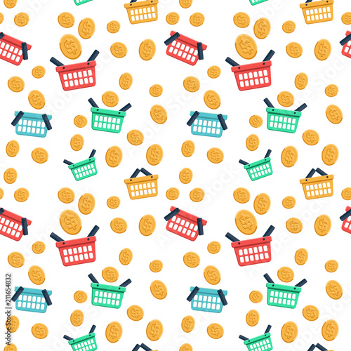 Shopping basket and coin flat icons