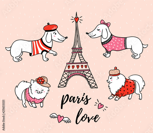 French style dogs and Eiffel tower isolated on pink background. Cute cartoon couples of parisian dachshund and  pomeranian vector illustration. French style dressed dog with red beret.
