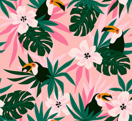 Rideaux Rose clair patrons Floral background with tropical flowers, leaves and toucans. Vector seamless pattern for stylish fabric design.  © Utro na more