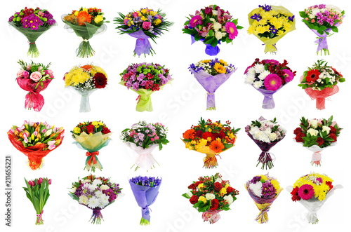 Obraz na płótnie Collage of various colorful flower, set of bouquets isolated on w salonie