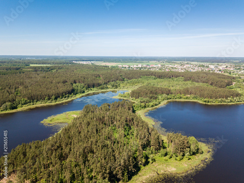 Beautiful aerial view of blue lakes and forest Belarus