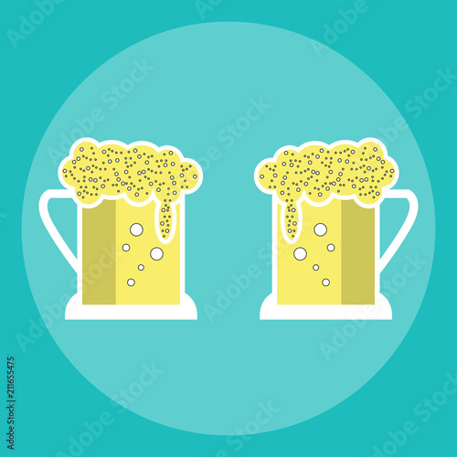 Two mugs of beer with a lot of foam, Flat design, illustration