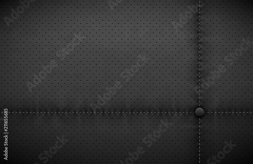 Vector dark gray perforated leather texture wallpaper. Realistic charcoal perforated background. Black dotted pattern. Car seat material design.