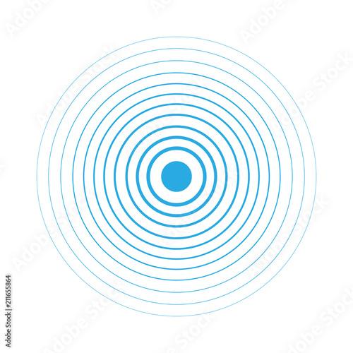 Radar screen concentric circle elements. Vector illustration for sound wave. White and blue color ring. Circle spin target. Radio station signal. Center minimal radial ripple line outline abstraction