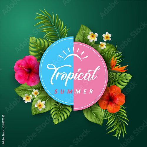 Tropical flowers and leaves