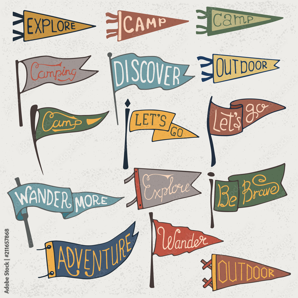 Naklejka premium Set of adventure, outdoors, camping colorful pennants. Retro monochrome labels on textured background. Hand drawn wanderlust style. Pennant travel flags design