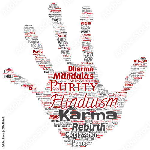 Vector conceptual hinduism, shiva, rama, yoga hand print stamp word cloud isolated background. Collage of mandalas, samsara, celebration, tradition, peace, compassion, rebirth, karma, dharma concept