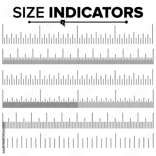 Size Indicator Set Vector. Ruler Scale Distances. Graduation. Size Indicator Units. Centimeter And Inches. Isolated Illustration