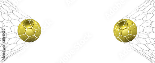 Football wide banner or flayer. Soccer or Football 3d goled ball isolated on white background. Football game match goal moment wide poster with realistic ball in the net and place for text