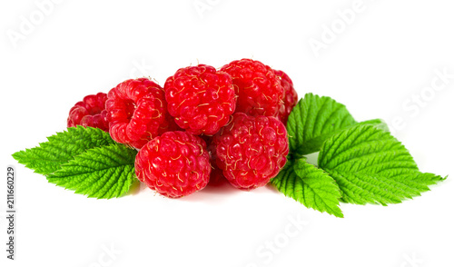 raspberry with leaves on white background