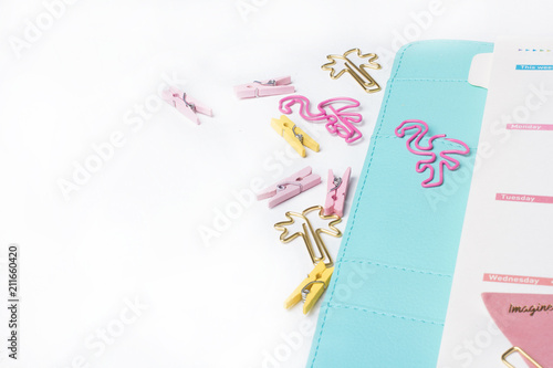 Feminine stationery: colorful paper binder clips palm and flamingo shape on white table background with washi tape. Flat lay photo