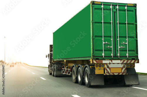 Truck on highway road with container, transportation concept.,import,export logistic industrial Transporting Land transport on the asphalt expressway.