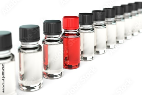 Row of transparent dropper bottles with one red exeption