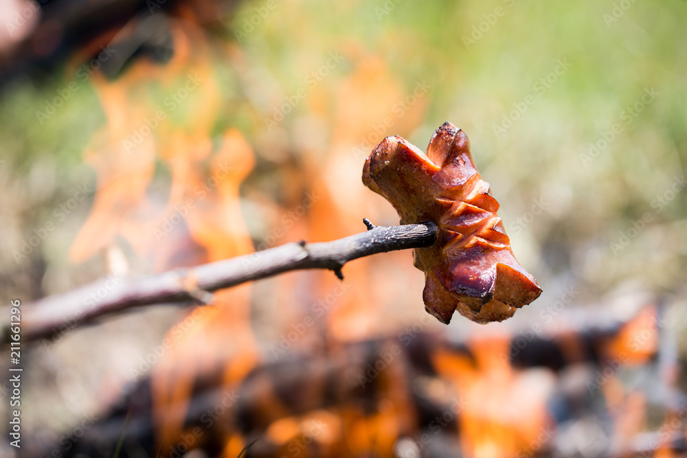 Obraz premium sausages on a stick made above the fire, bbq grilling