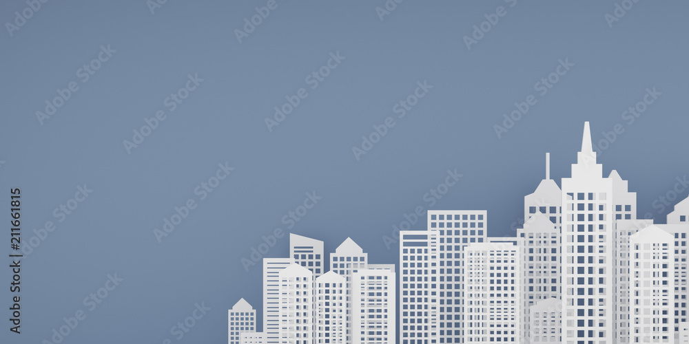 Naklejka premium papierowa scena sztuki budynku na jasnym tle, minimalna koncepcja miasta w nocy, wieżowiec, renderowanie 3D