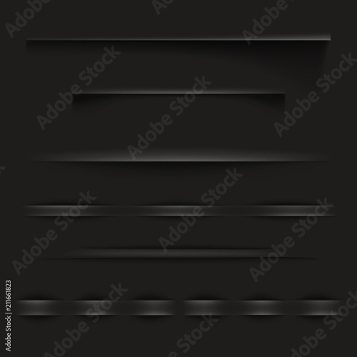 Black paper shadows vector illustration or page borders with realistic texture effect for web site design or seamless elements for background