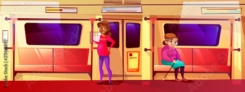 People in subway train vector illustration. Pregnant girl standing and holding by handrail with old woman in glasses with walking stick sitting on seat