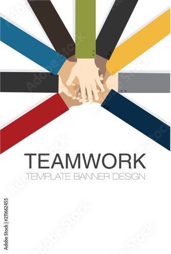 vector illustration teamwork banner concept, people putting their hands together