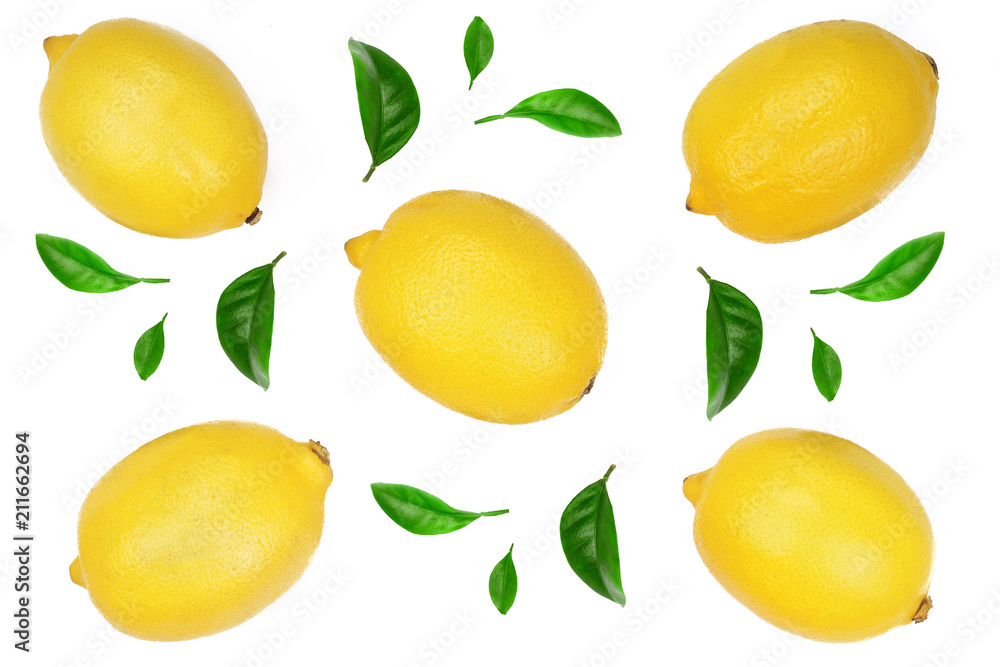 lemon and slice decorated with green leaves isolated on white background. Flat lay, top view lemon and slice decorated with green leaves isolated on white background. Flat lay, top view