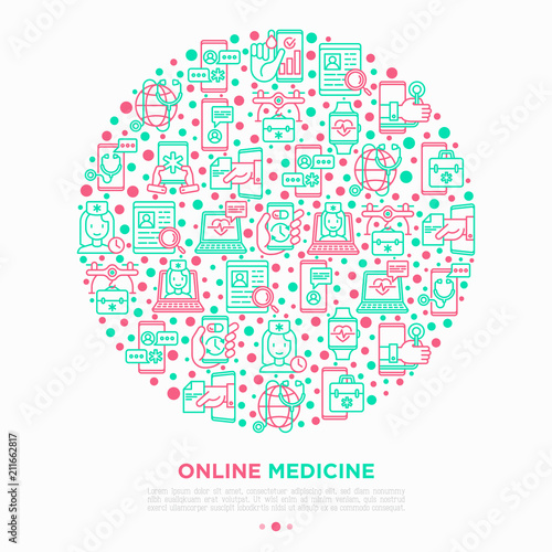 Online medicine, telemedicine concept in circle with thin line icons: pill timer, ambulance online, medical drone, tracker, mHealth, messenger, check symptomps. Modern vector illustration.