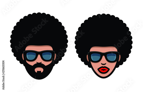 Funky woman and man in sunglasses with Afro hair