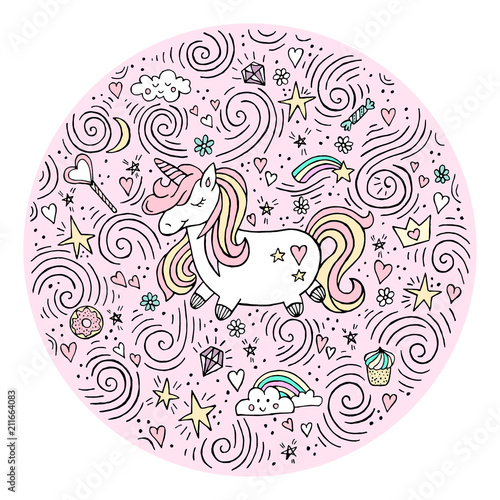 Cute magical unicorn. Vector design isolated on white background. Romantic hand drawing illustration for children.