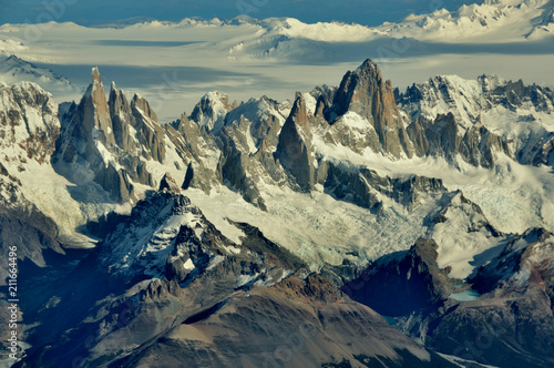 aerial view of mountains Fitz Roy, Cerro Torre and the southern patagonian ice field, Patagonia, between Chile and Argentina photo
