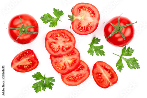tomatoes with parsley leaves isolated on white background. Top view. Flat lay