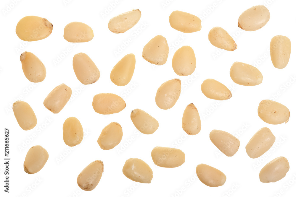 Shelled cedar pine nuts isolated on white background. Top view. Flat lay Shelled cedar pine nuts isolated on white background. Top view. Flat lay
