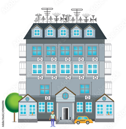 gray house with a décor  with antennas, cats, car and air conditioners 