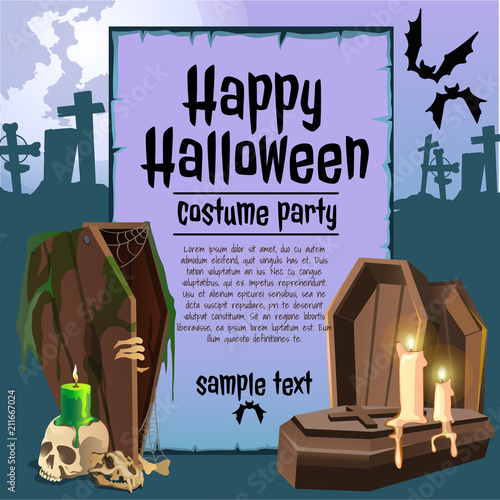 A poster on the theme of the Halloween holiday. Vintage wooden coffins and candles. Vector illustration.