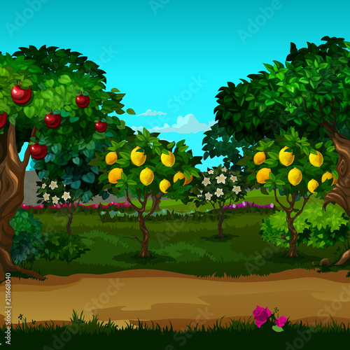 A garden with ripe fruit. Vector cartoon close-up illustration.