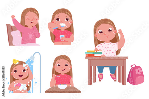 The daily routine of the child is a girl. Going back to school. Wake up and brushes teeth, takes a shower and eat has breakfast