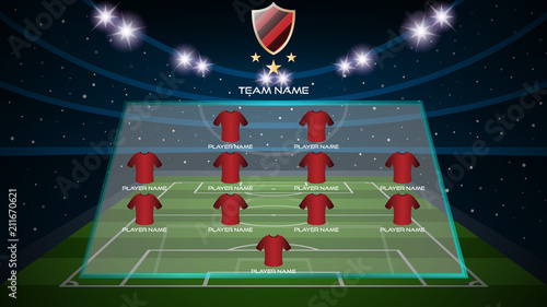 Football grass field with Football starting line up player and team logo, team name and substitute player, vector illustration