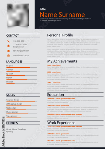 Professional personal resume cv with blue and orange descriptions
