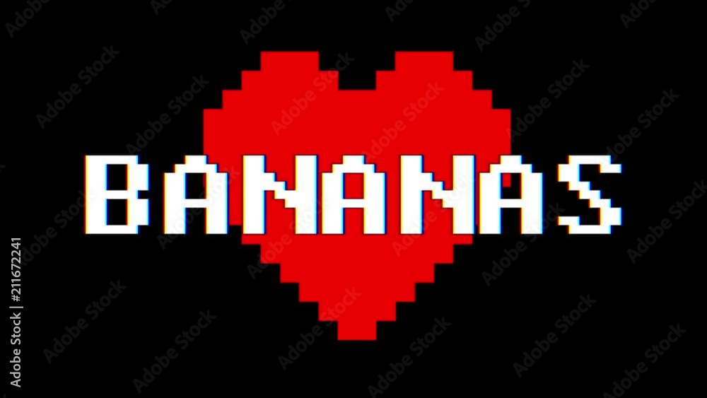 pixel heart BANANAS word text glitch interference screen seamless loop animation background new dynamic retro vintage joyful colorful video footage pixel heart BANANAS word text glitch interference screen seamless loop animation background new dynamic retro vintage joyful colorful video footage