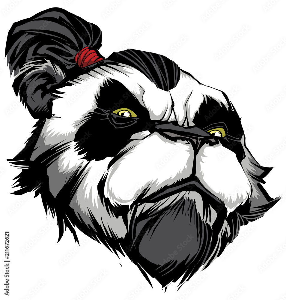 Obraz premium Panda Master on White / Hand drawn illustration of proud panda warrior on black background.